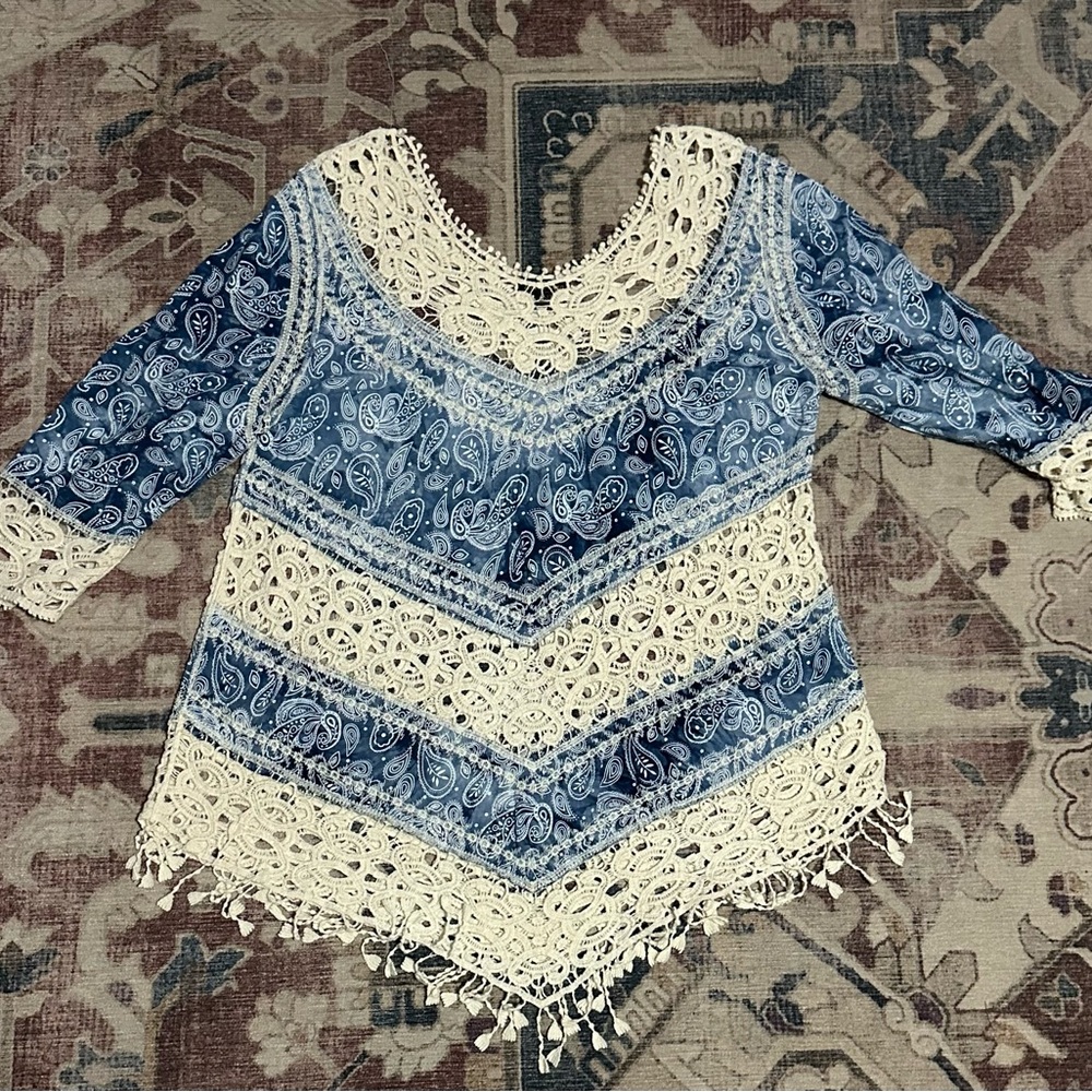 Chic Blue and Cream Crochet Lace Blouse